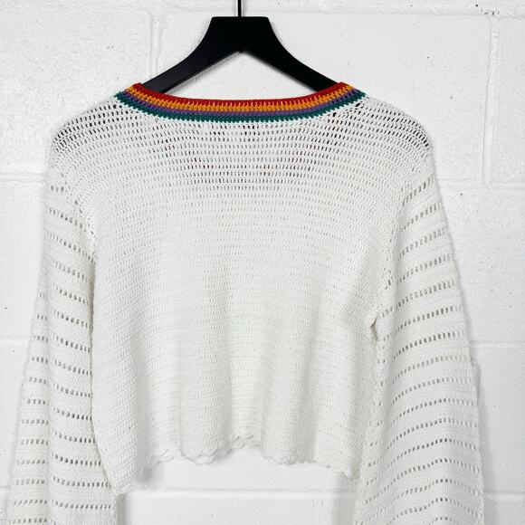 Callahan Crocheted Sweater Size XS White Rainbow Trim  Cropped Bell‎ Sleeve - Picture 8 of 10
